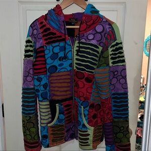 VINTAGE NEPAL PATCHWORK COLORBLOCK HOODIE JACKET BY RISING INTERNATIONAL//SIZE S